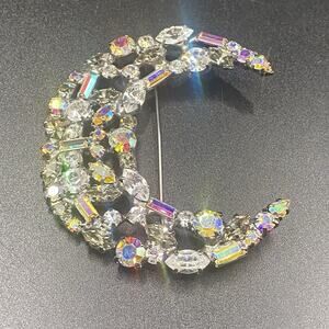 Vintage Carolee AB Rhinestone Crescent Moon Brooch Pin